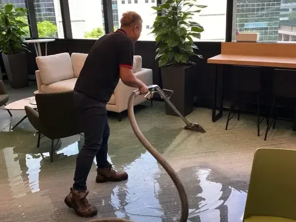 Technician extracting water from carpet near office chairs and tables